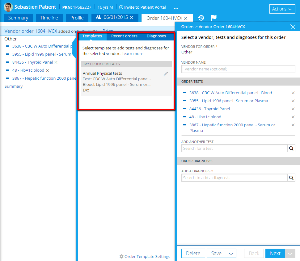 Practice Fusion EHR - Ordering templates